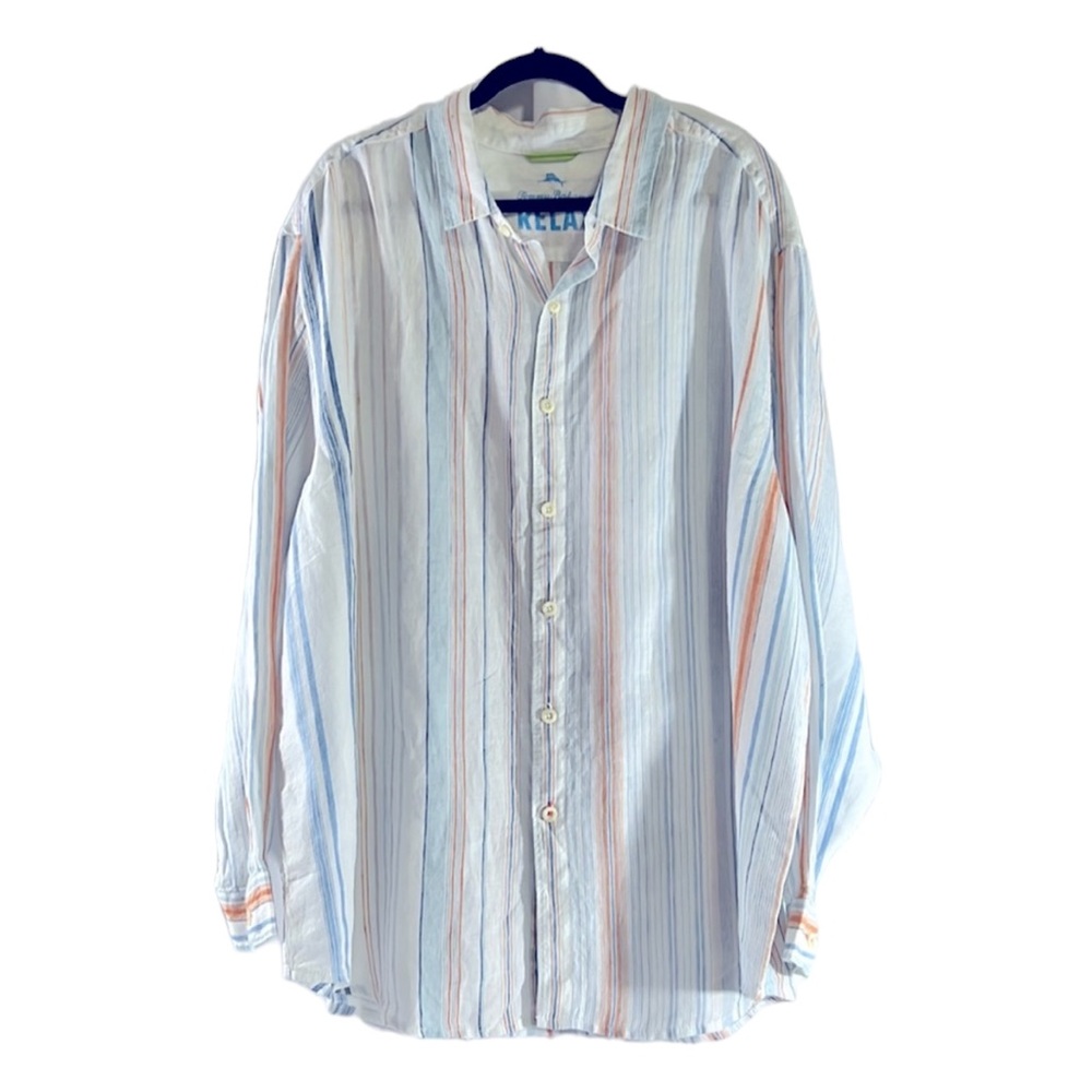 Men’s Tommy Bahama "Relax" Linen Stripe Long Sleeve Button Down 2XB White Blue